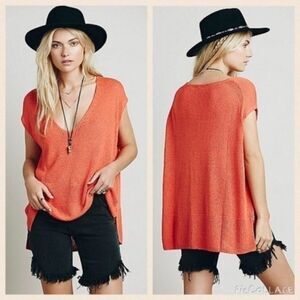 Free People Easy Tea V Neck Sweater Oversize Pullover Top Persimmon Orange Sz XS